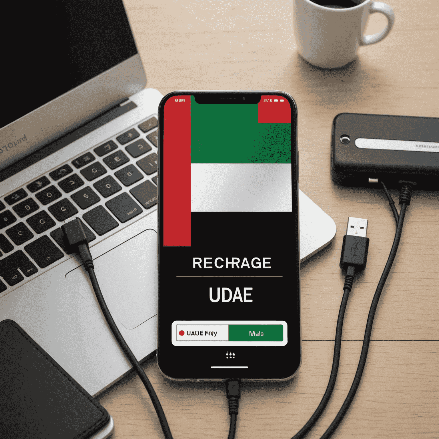 Various recharge options displayed on a smartphone screen with UAE flag in the background