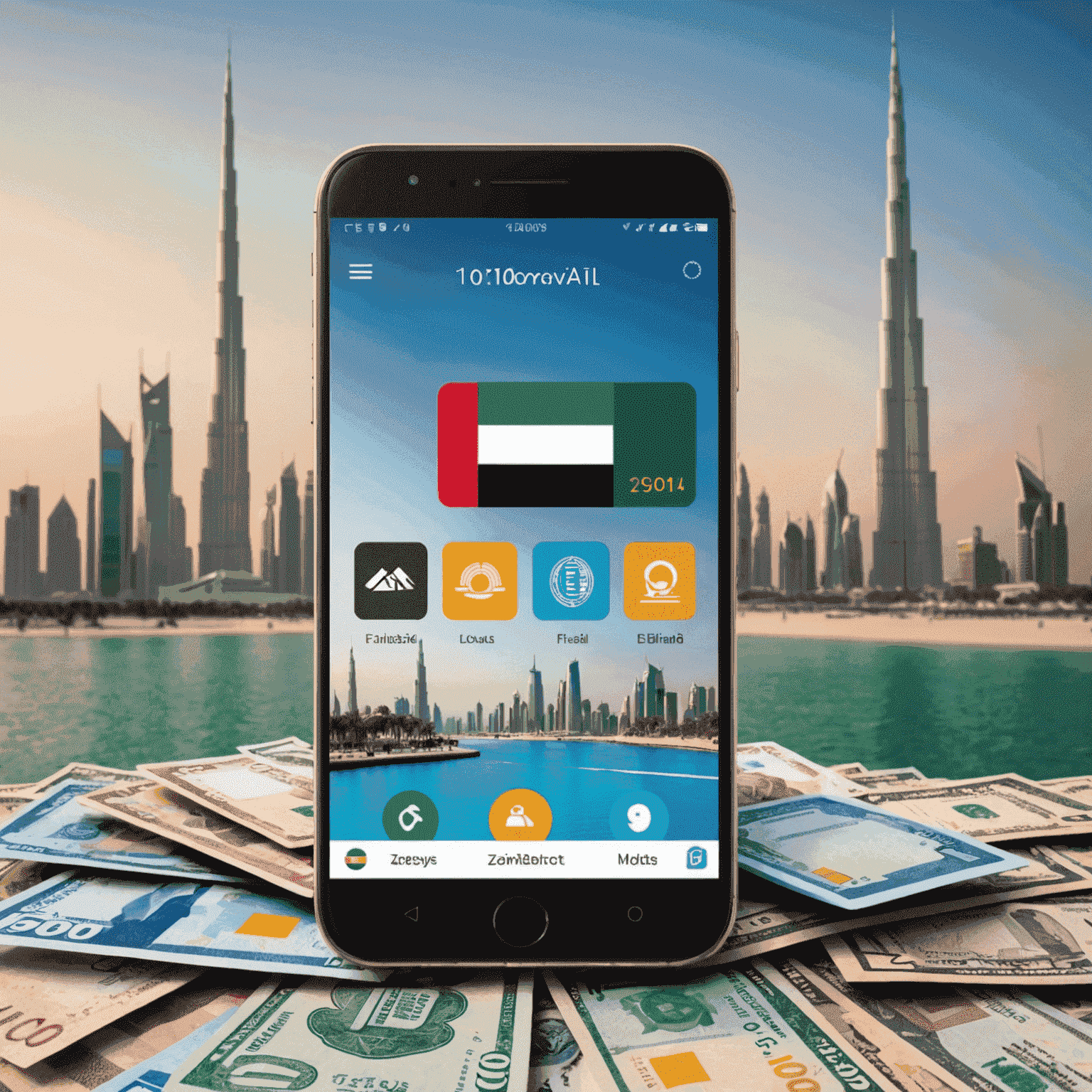 A modern smartphone displaying various mobile wallet apps with UAE currency and landmarks in the background, showcasing the integration of technology and local financial systems